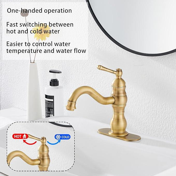 Antique Brass Bathroom Faucet GGStudy 360° Swivel Bathroom Vanity Faucet Single Handle One Hole Basin Matching Pop Up Drain with Overflow - ModernBath