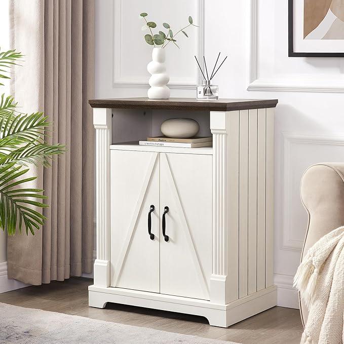 24" Farmhouse Storage Cabinet with Barn Doors, Antique White Freestanding Sideboard Buffet with Adjustable Shelf, Pantry Hutch Coffee Bar for Kitchen Bathroom Living Room - Small Floor Cabinet - ModernBath