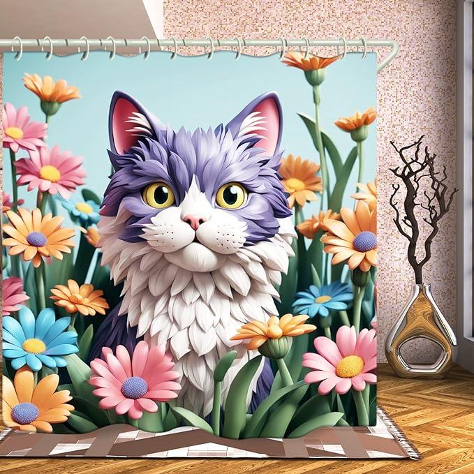 LYFANS Bathroom with Purplish White Cat 3D Shower Curtains, Luxury Bathtub Standard Shower Curtain, Waterproof and Bright Fabric Shower Curtain Size (72x72 Inches) - ModernBath