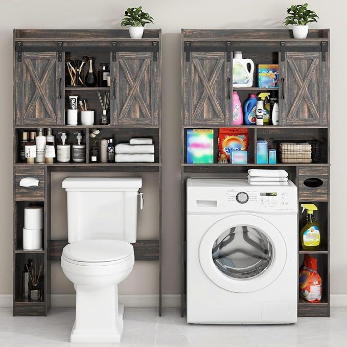 Vabches Over The Toilet Storage Cabinet, Farmhouse Storage Cabinet Over Toilet with Sliding Door& Toilet Paper Holder Stand，Home Space-Saving Toilet Rack, for Bathroom, Laundry and Restroom - ModernBath