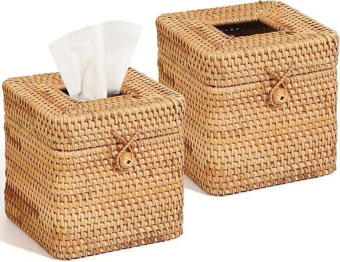 2 Pcs Rattan Tissue Box Cover 5.7" x 5.7" x 5.7"Rattan Square Tissue Box Cover Decorative Woven Facial Tissue Holder with Hinged Top Lid for Home Office Desk Living Room Bathroom Dec - ModernBath