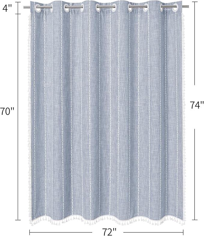 MitoVilla No Hooks Required Boho Farmhouse Shower Curtain with Snap-in Liner, Cotton Linen Fabric Shower Curtains with Tassels for Rustic Neutral Bathroom Decor, Blue, 72 x 74 - ModernBath