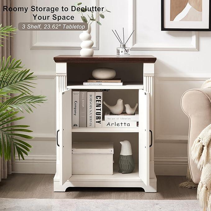 24" Farmhouse Storage Cabinet with Barn Doors, Antique White Freestanding Sideboard Buffet with Adjustable Shelf, Pantry Hutch Coffee Bar for Kitchen Bathroom Living Room - Small Floor Cabinet - ModernBath