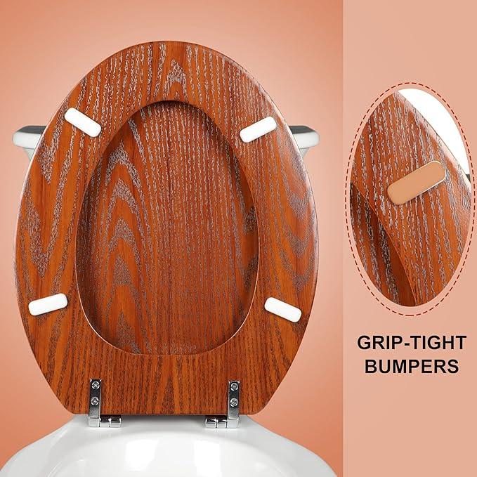 Elongated Toilet Seat Molded Wood Toilet Seat with Zinc Alloy Hinges, Easy to Install also Easy to Clean, Anti-pinch Wooden Toilet Seat by Angol Shiold (Elongated, Brownish Yellow) - ModernBath