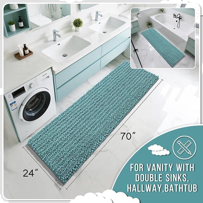 Yimobra Bathroom Runner Rug 70x24 Inch - Extra Long Non Slip Chenille Bath Mat, Soft & Absorbent, Machine Washable Shaggy Hallway Carpet for Vanity Tub Shower, Teal Blue Home Decor Accessories - ModernBath