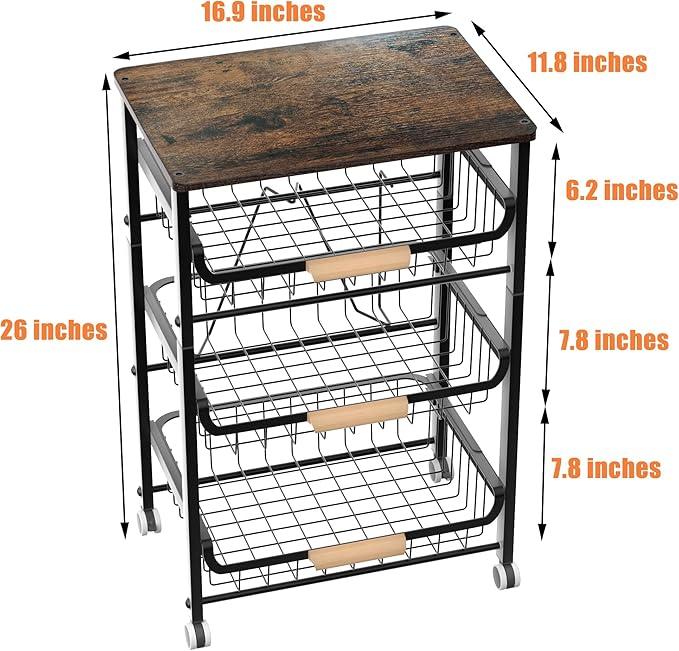 4-Layer Fruit Basket Kitchen Food Organizer and Rack, Stackable Storage Cart with Desktop, Pull-Out Hollow Metal Basket, Sliding Out Storage (Black 4-Layer Rack) - ModernBath