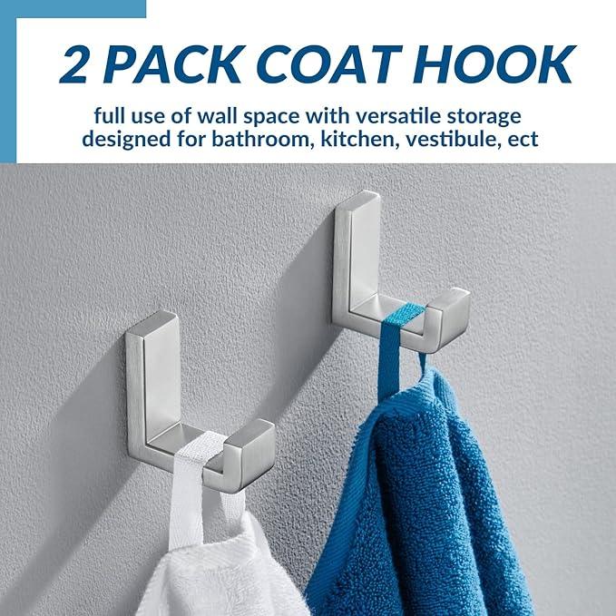 APLusee Brushed Nickel Towel Hook 2 Pack, 304 Stainless Steel L Shape Coat Hook, Bath Storage Wall Mounted - ModernBath