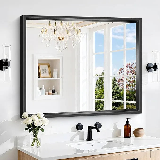 CIVENO Black Bathroom Mirror, 36 x 30 Inch Brushed Black Rectangle Mirrors for Wall, 0.6" Thickened Deep Frame Mirrors for Over Sinks, Shatterproof Tempered Glass, Antirust, Horizontally or Vertically - ModernBath