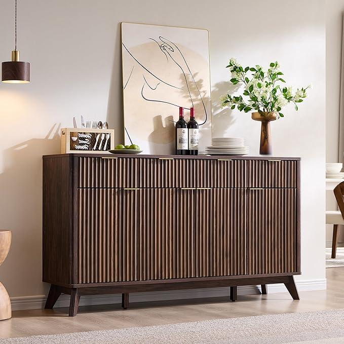 OKD Fluted Storage Cabinet with Drawers, 60" Morden Buffet Sideboard Coffee Bar Cabinet with 4 Doors and 3 Drawers for Dining Room, Living Room,Hallway (Dark Walnut) - ModernBath