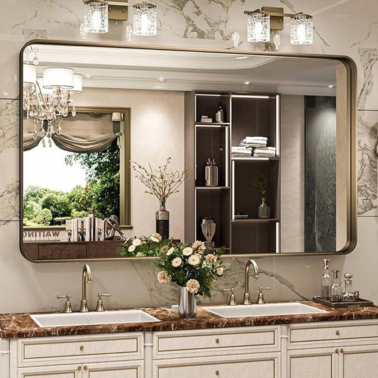 JISOSO Bronze Bathroom Mirror 72x36 Inch, Brushed Bronze Metal Frame Mirror for Wall, Rounded Rectangle Bathroom Vanity Mirror with Tempered Glass, Anti-Rust, Horizontal/Vertical - ModernBath