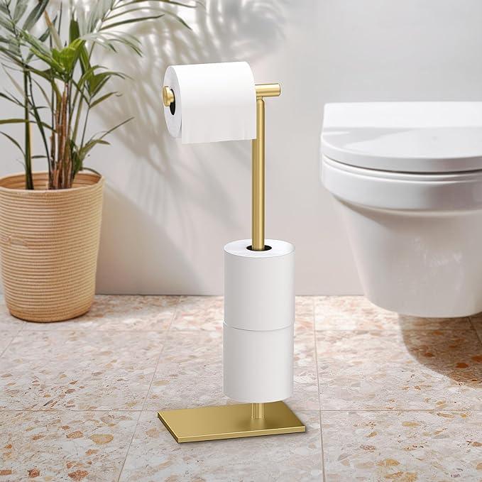 Gatco 1443B, Modern Rectangle Base Freestanding Toilet Paper Holder with Storage, 21.13”H, Brushed Brass - ModernBath