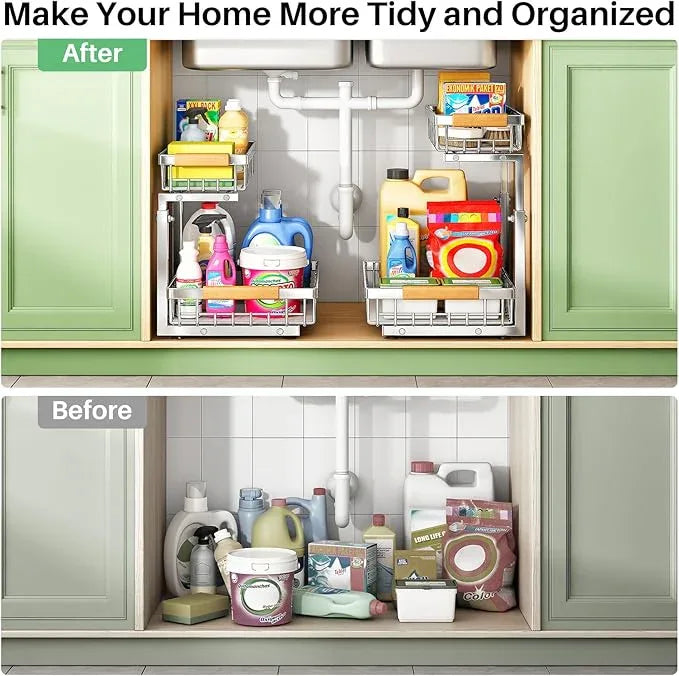 Under Sink Organizer, Stainless Steel 1-Pack 2 Tier Under Sink Organizers and Storage, Slide out Pull out Cabinet Shelf, Sliding Drawer for Kitchen Bathroom Pantry Cabinet Closet Organization Rack - ModernBath
