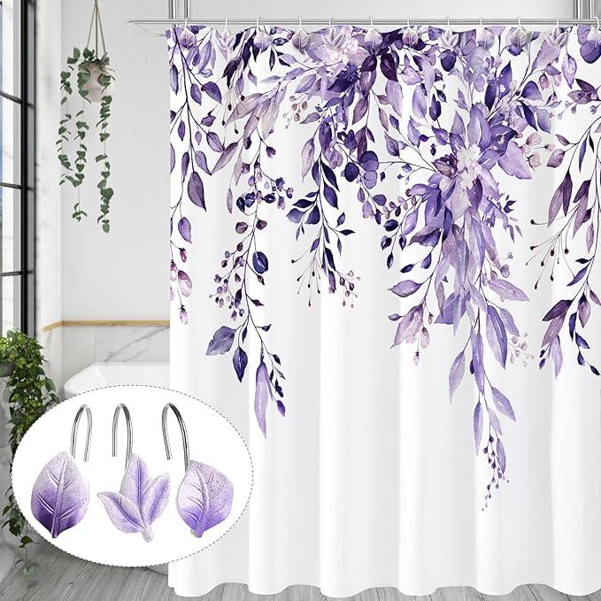 Gibelle 12PCS Leaves Shower Curtain Hooks, Purple Plant Leaf Decorative Shower Curtain Hooks Metal Rustproof Cute Eucalyptus Shower Curtain Rings Bathroom Decoration Accessories - ModernBath