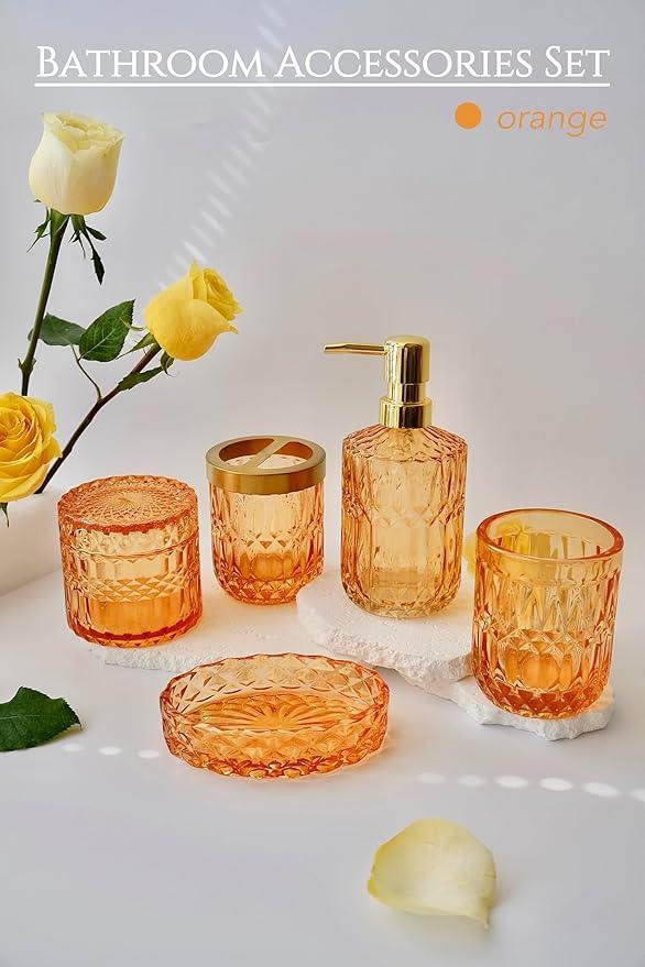 LaMarriti Orange Bathroom Accessories Set, 5Pcs Clear Glass Bathroom Set, Lotion Soap Dispenser, Soap Dish, Tumbler, Toothbrush Holder Set, Qtips Holder for Vintage Bathroom Decor, Gift Set - ModernBath