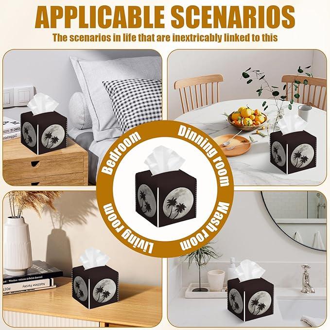 Full Moon Tissue Box Cover 2PCS, Palm Tree Leather Tissue Box Holder Square Facial Paper Case Tissue Box Cube Organizer for Bathroom Bedroom Desk Office - ModernBath