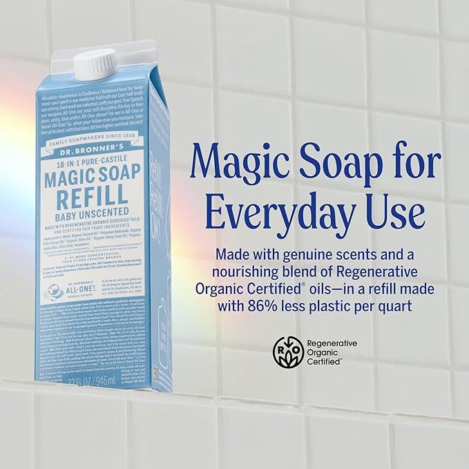 Dr. Bronner's Magic Soap-Pure-Castile Liquid Refill (Baby Unscented, 32 ounce, 2-Pack) - Made with Regenerative Organic Certified Oils, For Body, Hair, Laundry, Pets & Dishes, Concentrated, Vegan - ModernBath