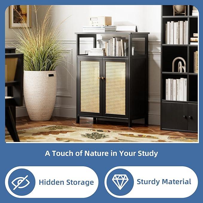 HITNET Bamboo Floor Cabinet, Bathroom Storage Cabinet with 2 Rattan Doors and Shelves, Space Saving Freestanding Kitchen Cupboard, Black - ModernBath