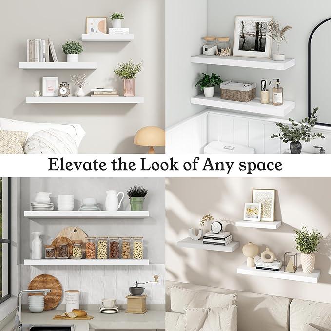 Floating Shelves for Wall, Wall Mounted Rustic Wood Shelves for Bathroom, Bedroom, Living Room, Kitchen, Hanging Shelf for Books/Storage/Room Decor (White, 24") - ModernBath