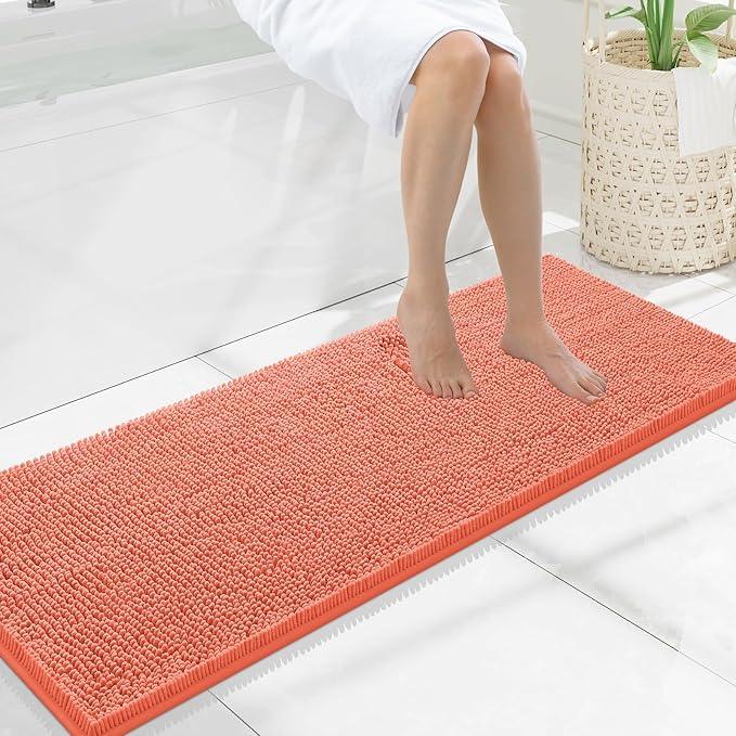 Smiry Luxury Chenille Bathroom Rugs 47x17, Extra Soft and Absorbent Shaggy Bath Mat, Machine Washable, Non-Slip Plush Carpet Runner for Tub, Shower, and Floor, Home Decor Accessories, Coral - ModernBath