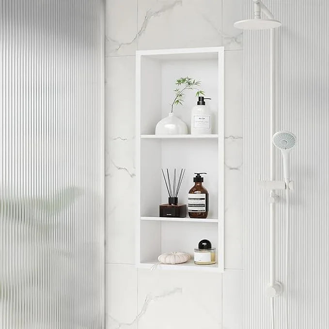 Qeke Stainless Steel Shower Niche 12" X 29", No Tile Needed Wall Niche Three-Tier, Recessed Shower Shelf for Bathroom Storage, Matte White - ModernBath