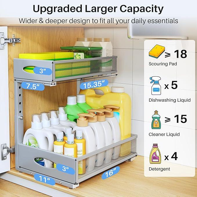Under Sink Organizer, 2 Tier Pull Out Under Cabinet Organizer Shelf with Pad for Framed Cabinets, Metal Slide Out Under Sink Storage, Mesh Sliding Drawers for Kitchen Bathroom Laundry(Grey, 1 Pack) - ModernBath
