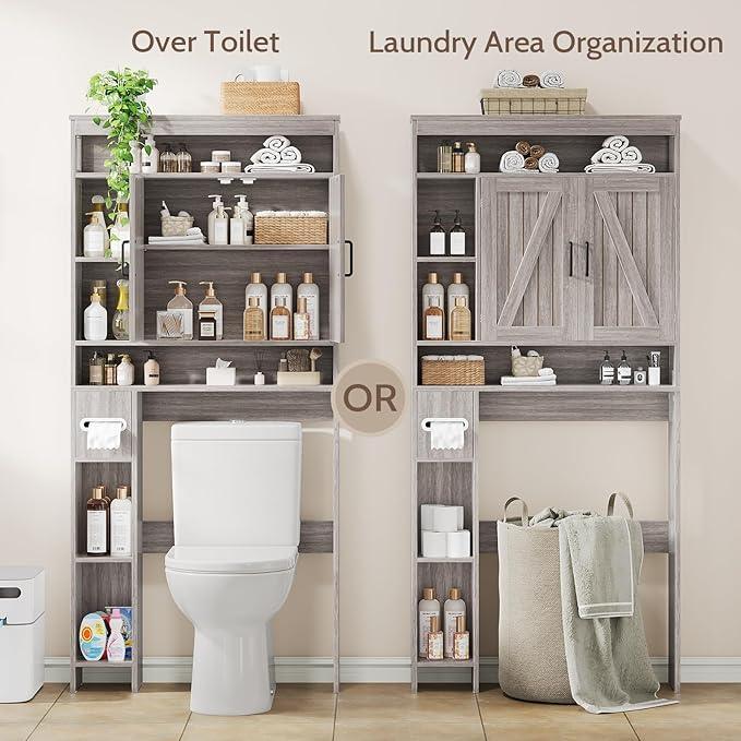 Over The Toilet Storage Cabinet with 2 Barn Doors & Built-in Toilet Paper Holder, Farmhouse Space-Saving Organizer for Bathrooms and Laundry Room, Grey - ModernBath