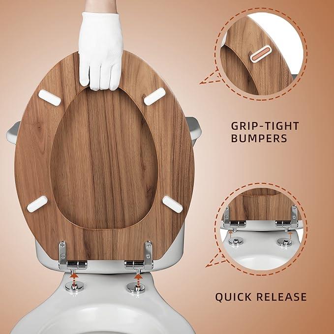 Elongated Toilet Seat Molded Wood Toilet Seat with Quietly Close and Quick Release Hinges, Easy to Install also Easy to Clean by Angol Shiold (Elongated, Natural) - ModernBath