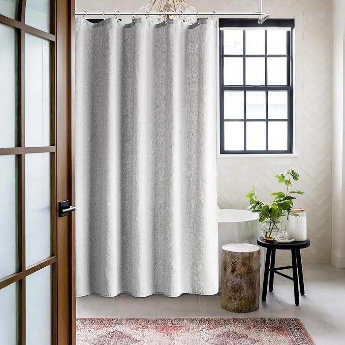 Jowels Light Grey Linen Shower Curtain, Boho Farmhouse Shower Curtain Set for Bathroom, 200GSM Luxury Weighted Water Resistant Fabric Textured Shower Curtains with 12 Metal Hooks, 72Wx72H - ModernBath