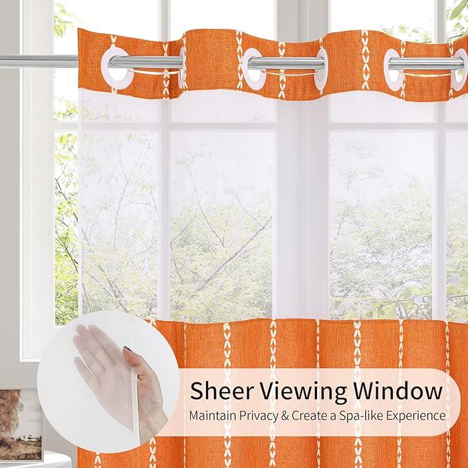 MitoVilla No Hooks Needed Orange Shower Curtain with Snap-in Liner - with Window & Magnets, Boho Cotton Linen Fabric Shower Curtains with Tassels for Rustic Bathroom Decor, Burnt Orange, 72 x 74 - ModernBath