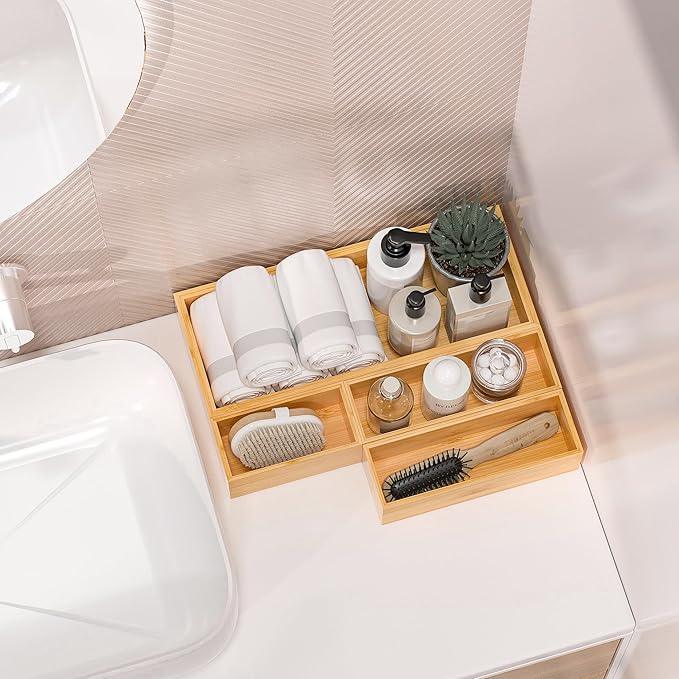 Kitchen Drawer Organizer Bins, Stackable Bamboo Deep Drawer Organizer for Silverware, Utensils, Cutlery, Flatware, Junk Drawer, Dresser, Bathroom, 12" x 3" x 2.5" (Set of 2) - ModernBath