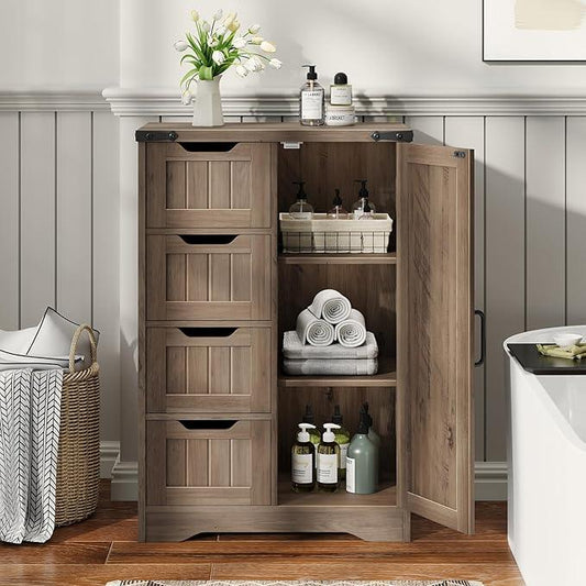 Vabches Farmhouse Bathroom Cabinet, Freestanding Storage Cabinet with 4 Drawers and 1 Door, Rustic Storage Organizer with Adjustable Shelf for Bathroom, Living Room, Entryway, Grey - ModernBath
