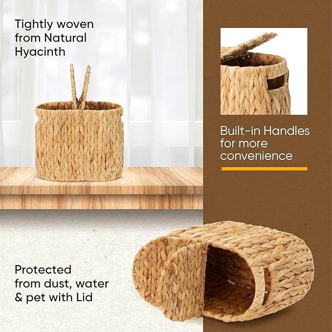 Toilet Paper Basket with Lid, Woven Natural Water Hyacinth Toilet Paper Storage, Papers Container for 4 Mega Rolls, Storage Holder with Built-in Handles, Slim Bathroom Stand Basket Organizer for Decor - ModernBath