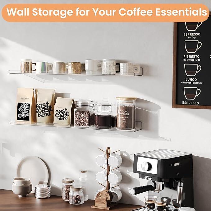 upsimples 2 Pack 35.5x5.5 Inches Acrylic Shelves for Wall Storage, Floating Bookshelves for Kids, Display Shelf Organizer for Bathroom, Bedroom, Living Room, Kitchen, Clear - ModernBath