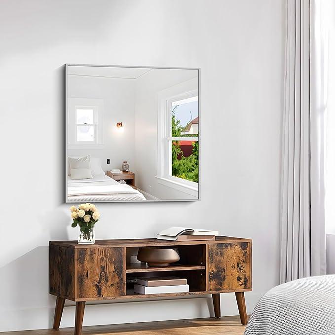 KOCUUY Silver Framed Mirror, 30"x30" Rectangle Bathroom Mirror for Wall, HD Tempered Glass, Anti-Rust Brushed Silver Frame, Modern Design for Bathroom, Bedroom, Living Room, Entryway - ModernBath