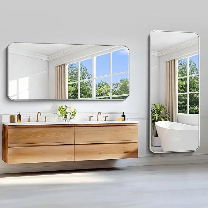 CIVENO Silver Bathroom Mirror, 72 x 30 Inch Large Rectangle Mirror, Rectangular Vanity Mirror Aluminum Metal Frame, Rounded Corner Wall Mirror for Living Room Bedroom Entryway Horizontal/Vertical - ModernBath
