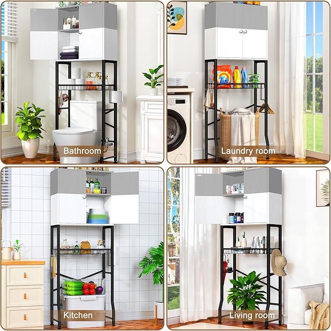 Over the Toilet Storage Cabinet - Freestanding Bathroom Organizer Shelf with Doors, gray & White Over the Toilet Shelves that Separates Wet and Dry Areas, Privacy Protection Above Toilet Storage Rack - ModernBath