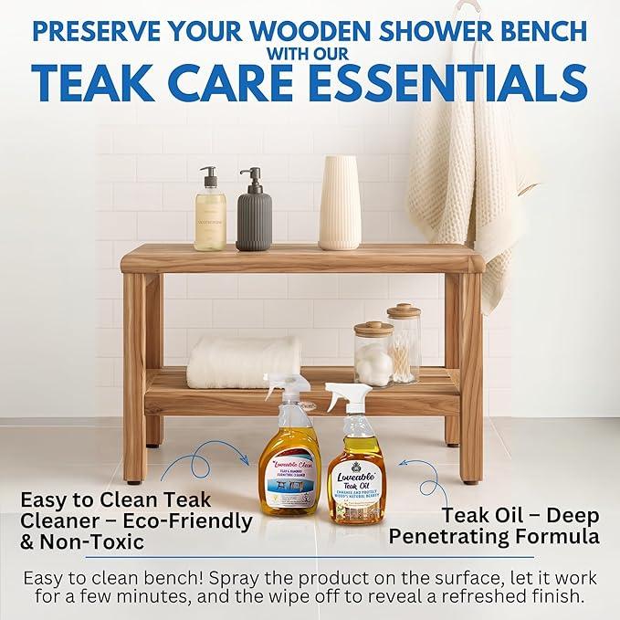 EcoDecors Teak Shower Bench with Large Storage Shelf 36", 300 lb Capacity – Waterproof Bathroom Seat with Non-Slip Feet, Elegant Natural Teak Finish, Ideal for Adults, Seniors, & Spa-Style Bathrooms - ModernBath