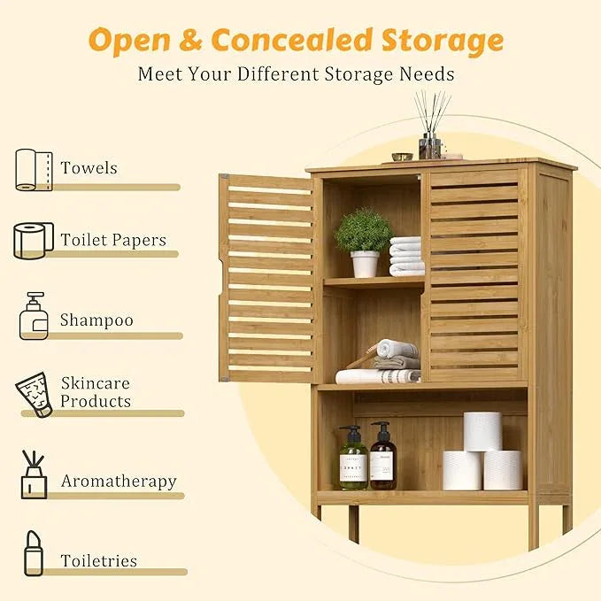 VEIKOU Over The Toilet Storage Cabinet, Bamboo Over Toilet Storage with Removable Shelf, Bathroom Freestanding Over The Toilet Storage with Open Storage, Natural - ModernBath