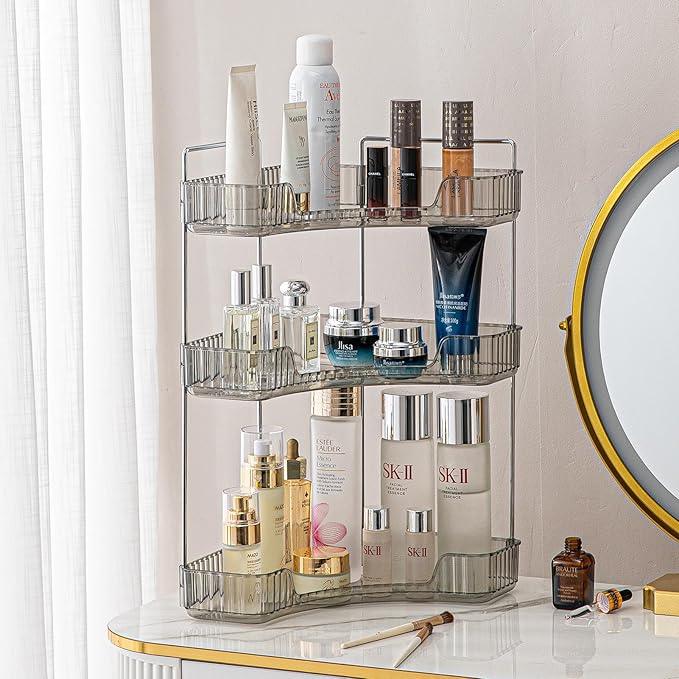 shuang qing 3-Tier Corner Bathroom Counter Organizer – Classic Storage Shelf for Makeup, Perfume & Toiletries, Space-Saving Countertop Tray Fits Bathroom, Dresser, Kitchen (Slate Gray) - ModernBath