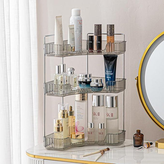 shuang qing 3-Tier Corner Bathroom Counter Organizer – Classic Storage Shelf for Makeup, Perfume & Toiletries, Space-Saving Countertop Tray Fits Bathroom, Dresser, Kitchen (Slate Gray) - ModernBath