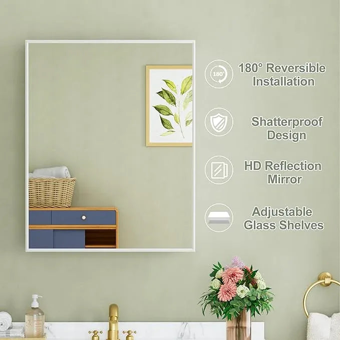 Buruis 24" x 30" Framed Medicine Cabinet with Mirror, Recessed or Wall Mounted Bathroom Cabinet, Adjustable Tempered Glass Shelves, Left/Right Open Reversible, No Assembly Required, White - ModernBath