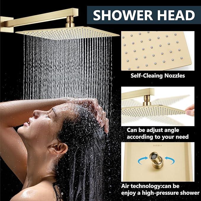 Aolemi Shower Faucet Set Rain Shower System with Handheld Spray Bathroom Shower Combo Rough-in Valve and Shower Trim Kit Included Brushed Gold 16 Inch Wall Mount Shower Head - ModernBath