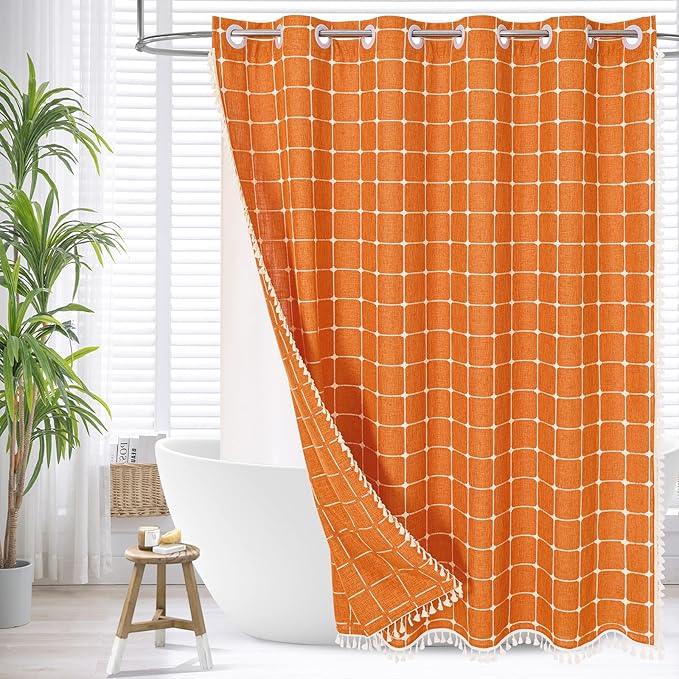 MitoVilla No Hooks Needed Orange Boho Shower Curtain with Snap-in Liner, Farmhouse Cotton Linen Fabric Shower Curtains with Tassels for Rustic Neutral Bathroom Decor, Burnt Orange, 72 x 74 - ModernBath