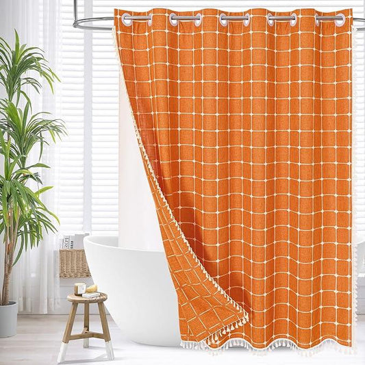 MitoVilla No Hooks Needed Orange Boho Shower Curtain with Snap-in Liner, Farmhouse Cotton Linen Fabric Shower Curtains with Tassels for Rustic Neutral Bathroom Decor, Burnt Orange, 72 x 74 - ModernBath