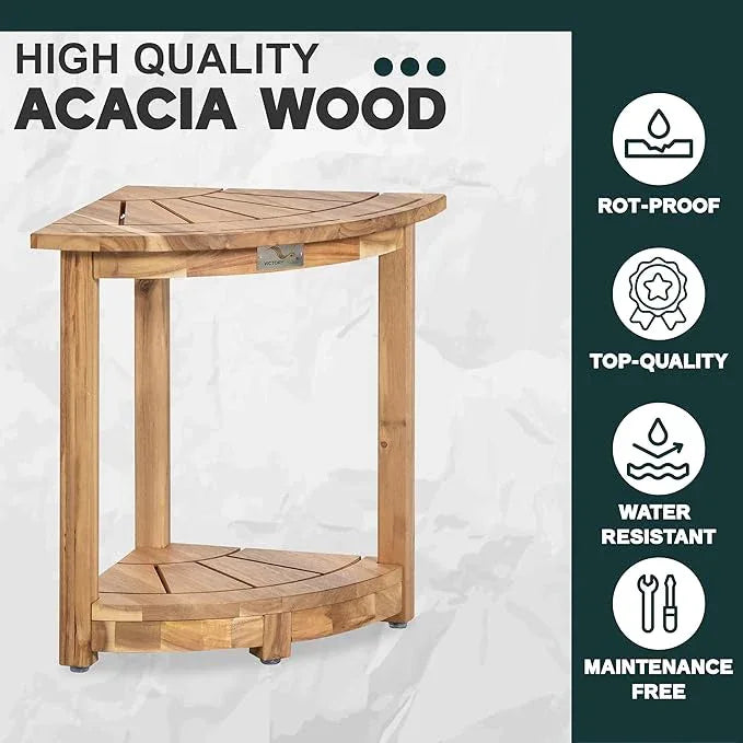 VICTORY RELAX Acacia Wood Corner Shower Stool - Waterproof Triangular Bathroom Bench with Storage Shelf & Soap Dish for Shaving, Light Natural Wood (17.9x12.7x16.5) - ModernBath