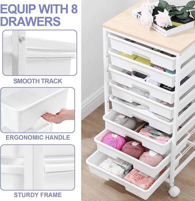 Rolling Storage Cart with Drawers,Utility Cart With 8 Drawers and Wooden Tabletop,Rolling Drawer Cart,Storage Drawer Cart for Living Room,Classroom,Bedroom,Bathroom,Dorm,Office,White - ModernBath