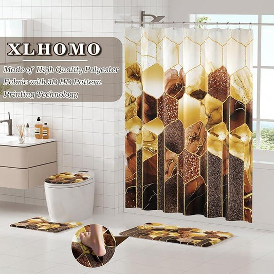 XLHOMO Bathroom Sets with Shower Curtain and Rugs - 4PC Brown Geometric Shower Curtain Set with 12 Hooks, Toilet Cover, U-Shaped Mat and Rugs Modern Abstract Bathroom Accessories for Bathroom - ModernBath