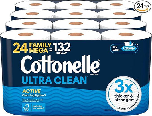 Cottonelle Ultra Clean Toilet Paper with Active CleaningRipples Texture, Strong Bath Tissue, 24 Family Mega Rolls = 132 Regular Rolls (4 Packs of 6) - ModernBath