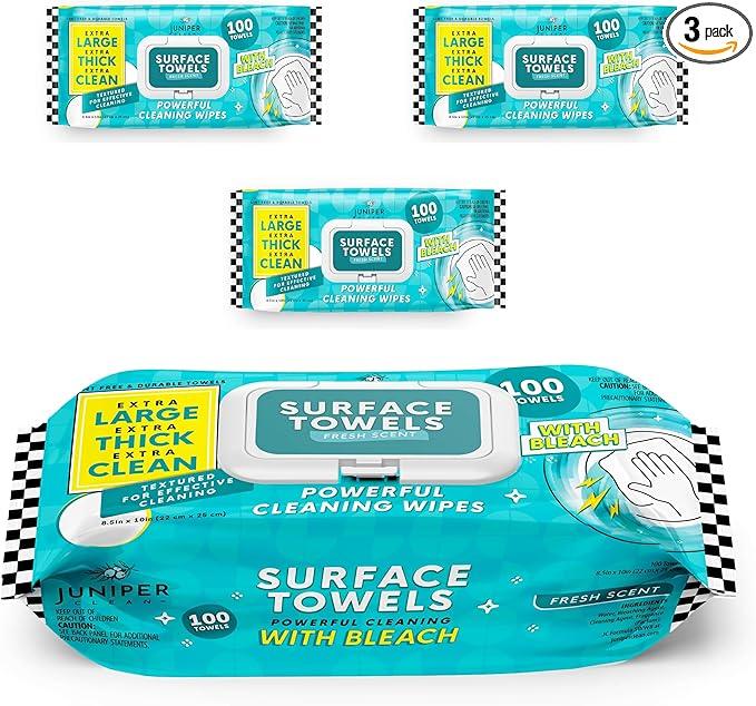 Juniper CLEAN 3 Packs Surface Wipes with Bleach, Thick & Large Dispose, All-Purpose Cleaner for Bathroom, Kitchen, Office, 300 Count Soft Flow, Biodegradable, Fresh Scent - ModernBath