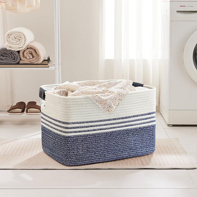 86L Extra Large Laundry Basket with Leather Handles for Living Room Storage, Woven Rope Baskets for Blanket, Kids Toy, Gifts, Wicker Hamper for Bedroom Dirty Clothes, 24"x16"x14" Denim Blue - ModernBath